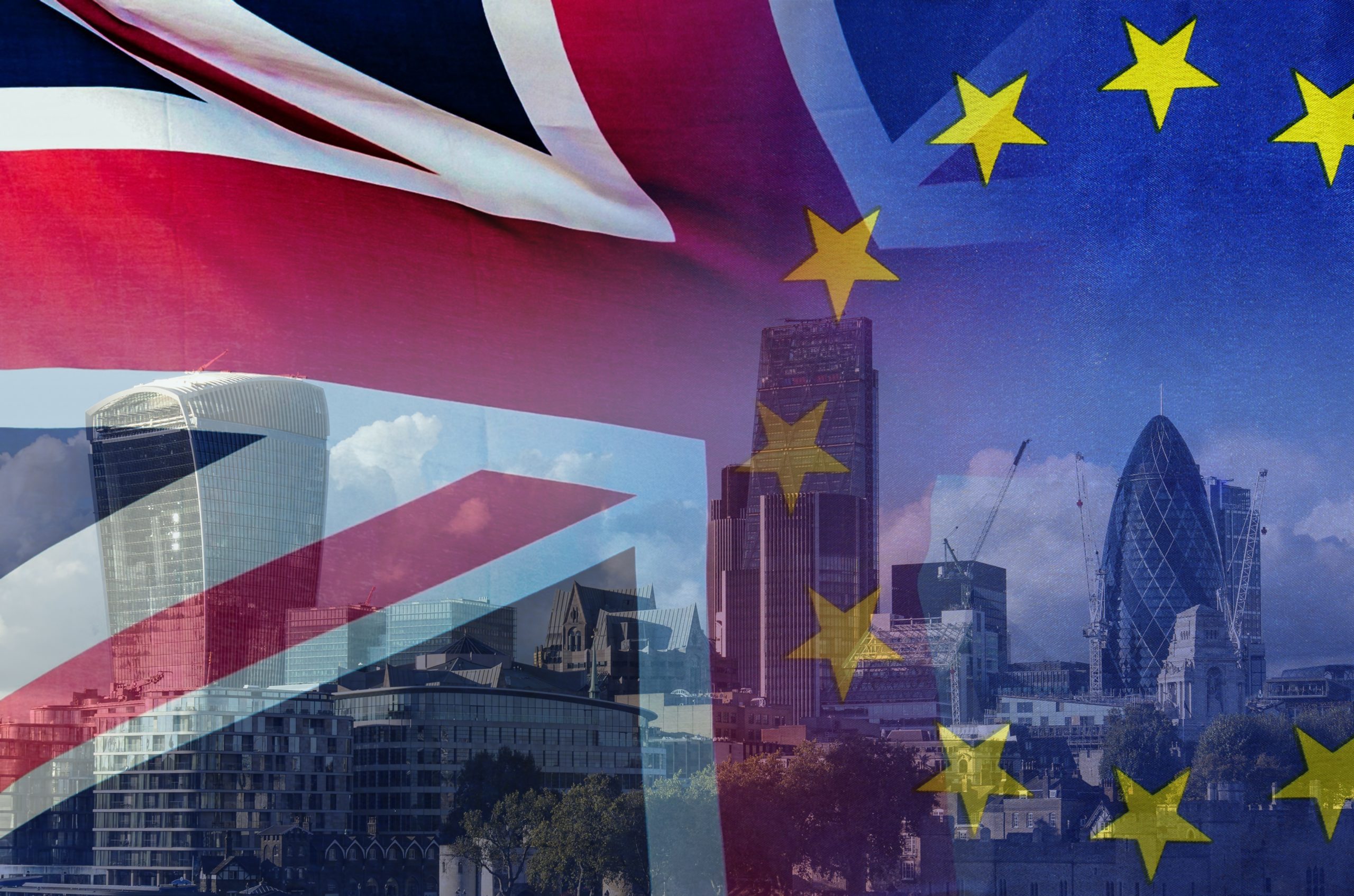 BREXIT conceptual image of London image and UK and EU flags ove
